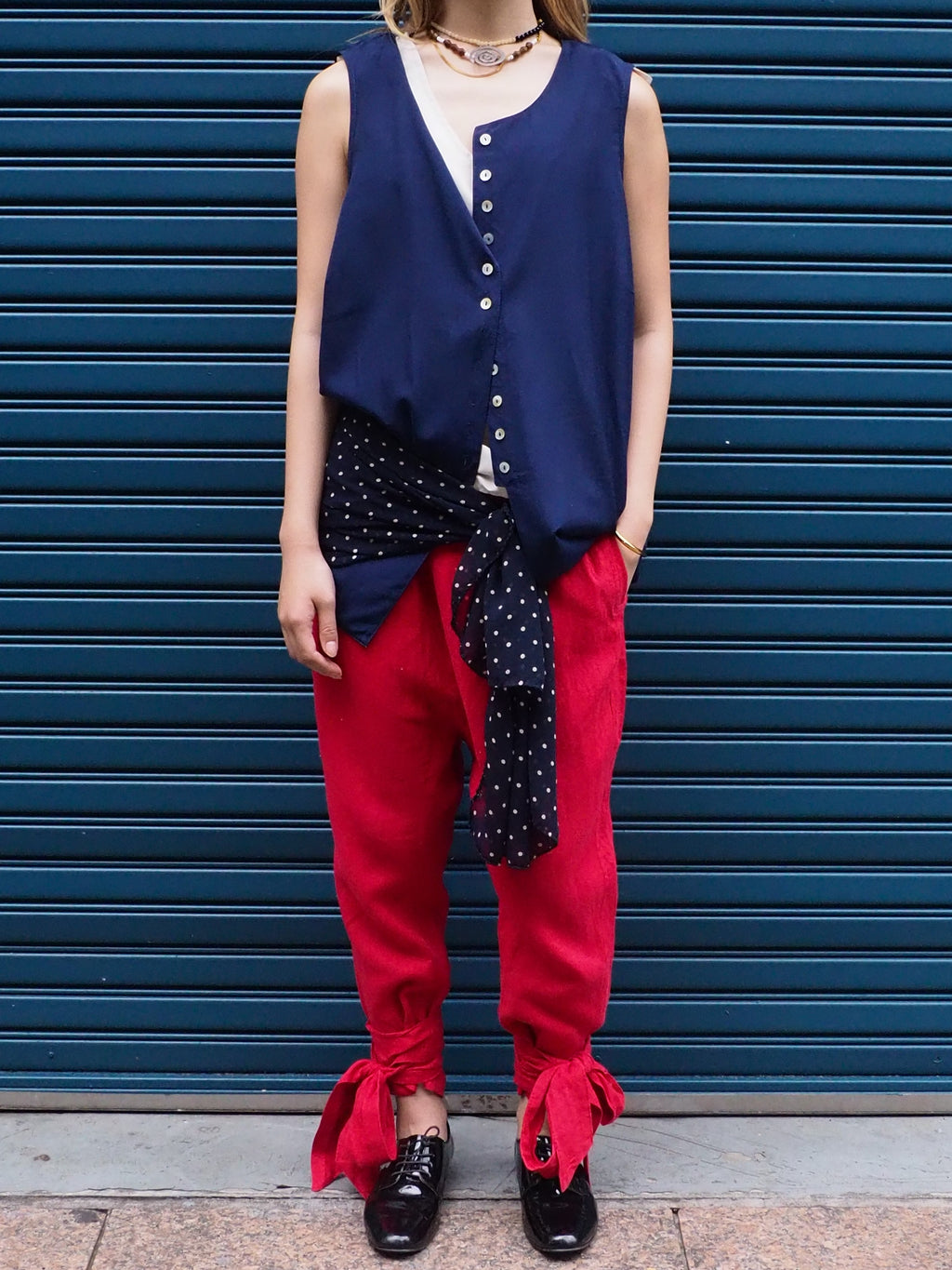 vintage shell bottan navy tops